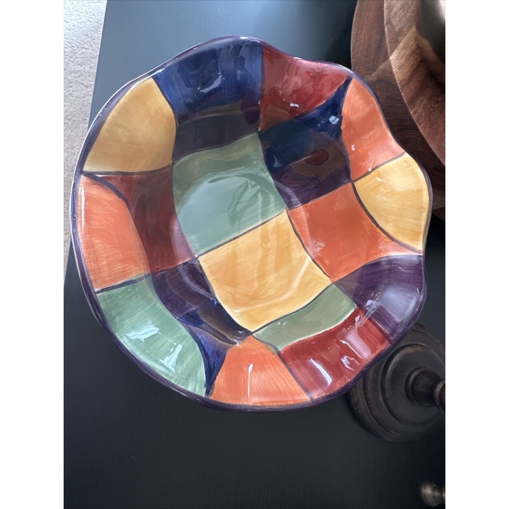 Tabletops Gallery Caracas Patchwork 7 In Hand Painted Ruffled Ceramic Bowl